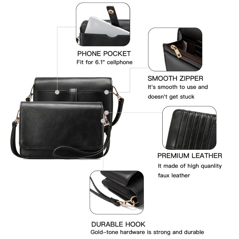 BROMEN Crossbody Bags for Women Small Cell Phone Shoulder Wristlet Wallet Clutch Purse Oil Wax Black - Image 4